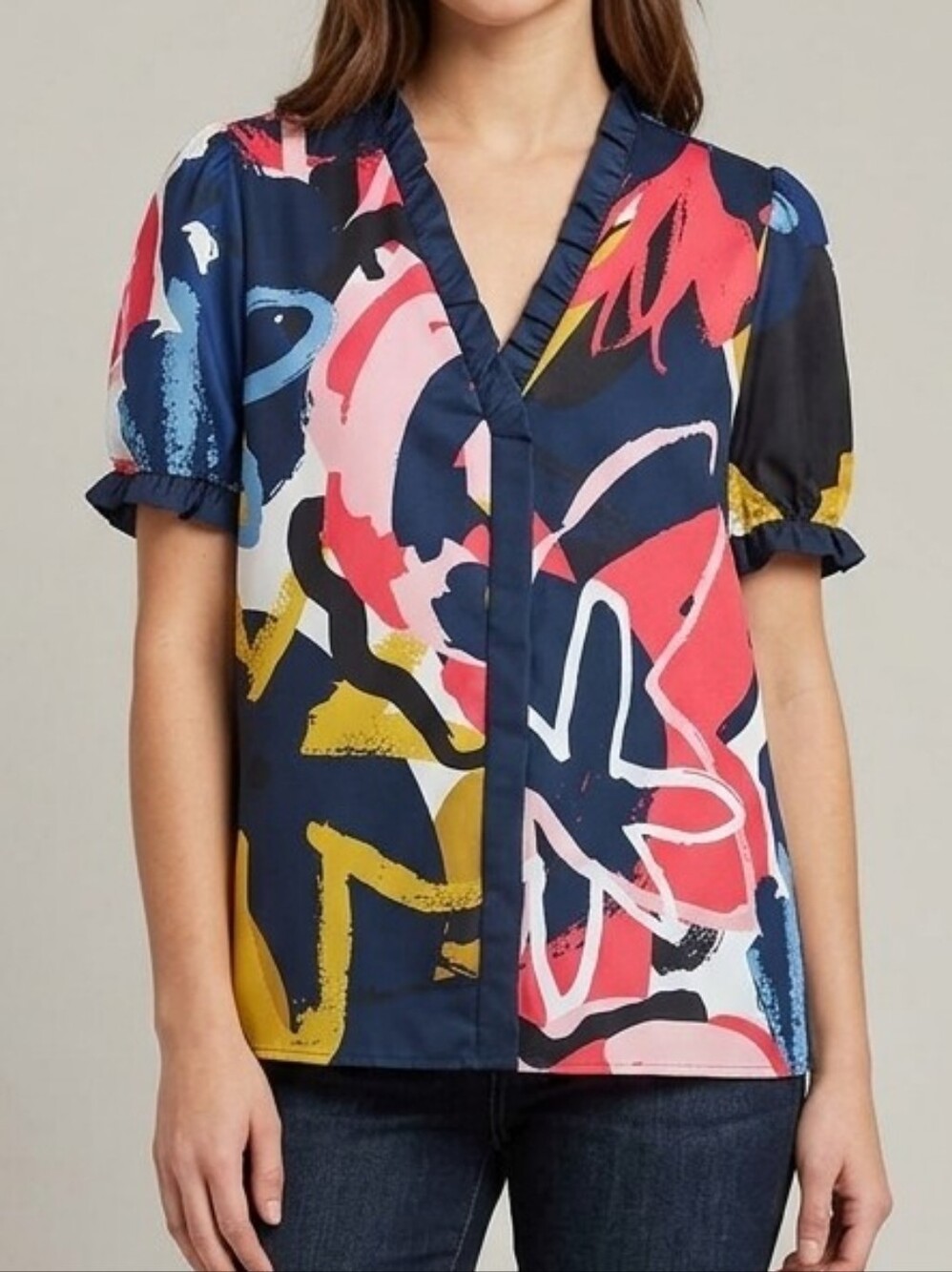 NWT Abstract Floral V-Neck Ruffle Blouse | Bold Colorful Puff Sleeve Top | XXL